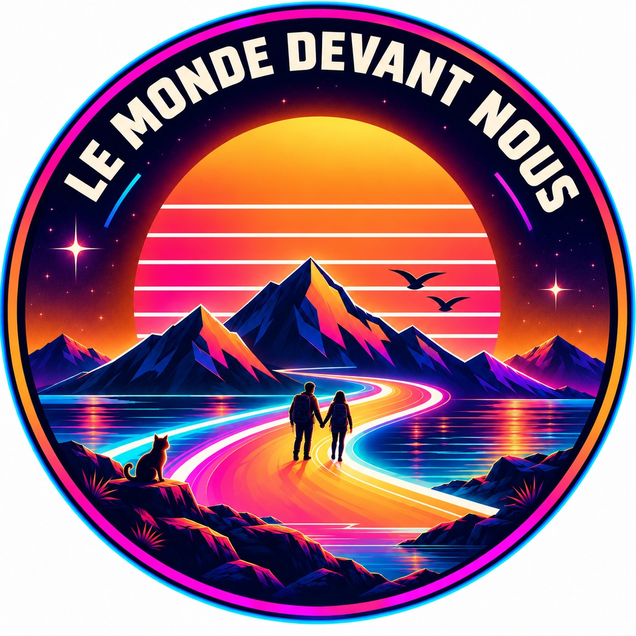 Logo Le Monde Devant Nous : deux voyageurs, des montagnes et une route lumineuse au soleil couchant